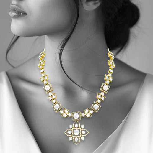 Polki Necklace with Floral Motifs and Lotus-Inspired Pendant